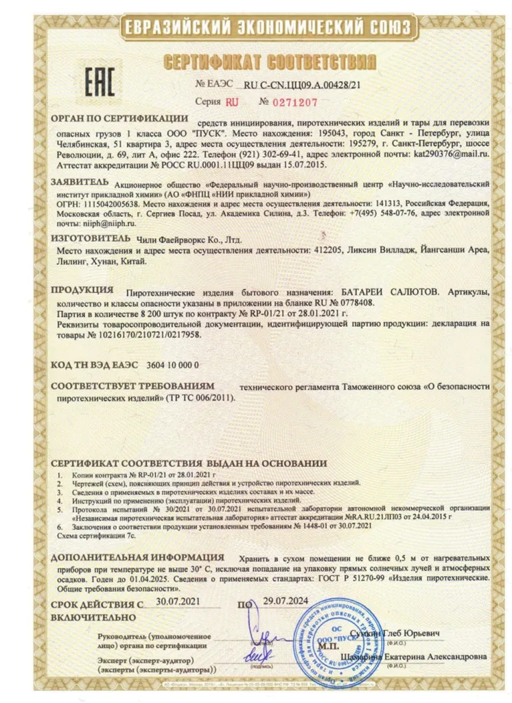 Сертификат на пиротехнику — Троицк	